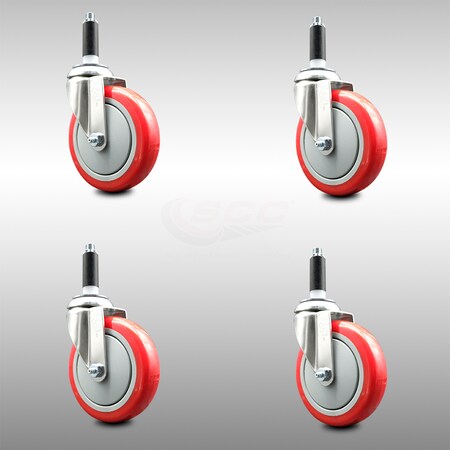 Service Caster 5 Inch 316SS Red Polyurethane Swivel 7/8 Inch Expanding Stem Caster Set SCC SCC-SS316EX20S514-PPUB-RED-78-4